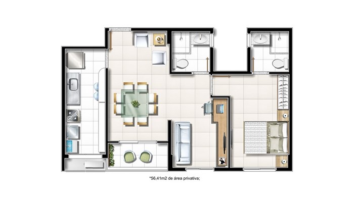 1/4 56,41m² área privativa com Home Office_Theater