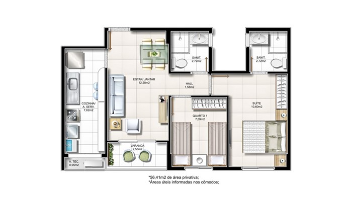 2/4 56,41m² área privativa - Tipo