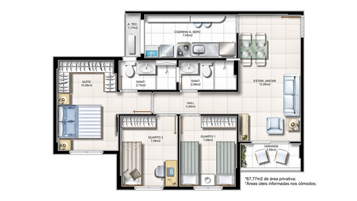 3/4 67,77m² área privativa - Tipo