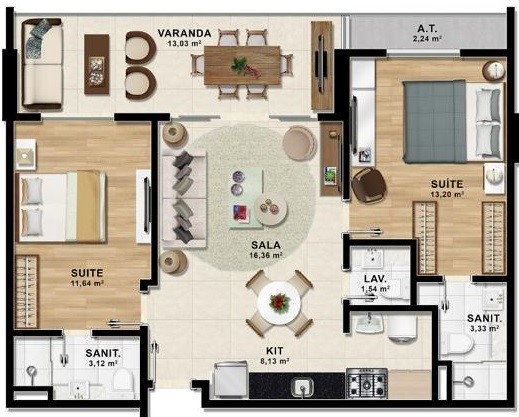 2 suítes com lavabo e varanda com 81,14m2