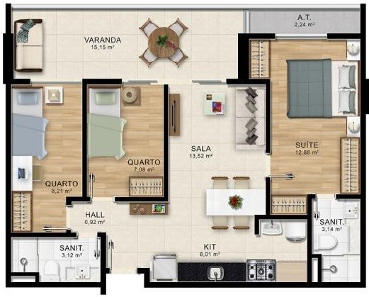 Opção 3/4 com suíte e varanda com 81,14m2